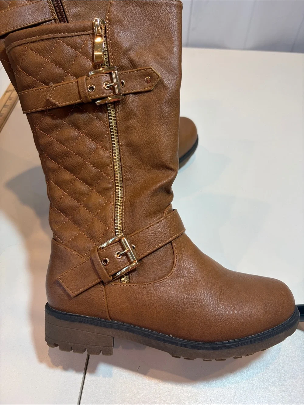 DREAM PAIRS Girls Brown Quilted Buckle Riding Boots Size 1